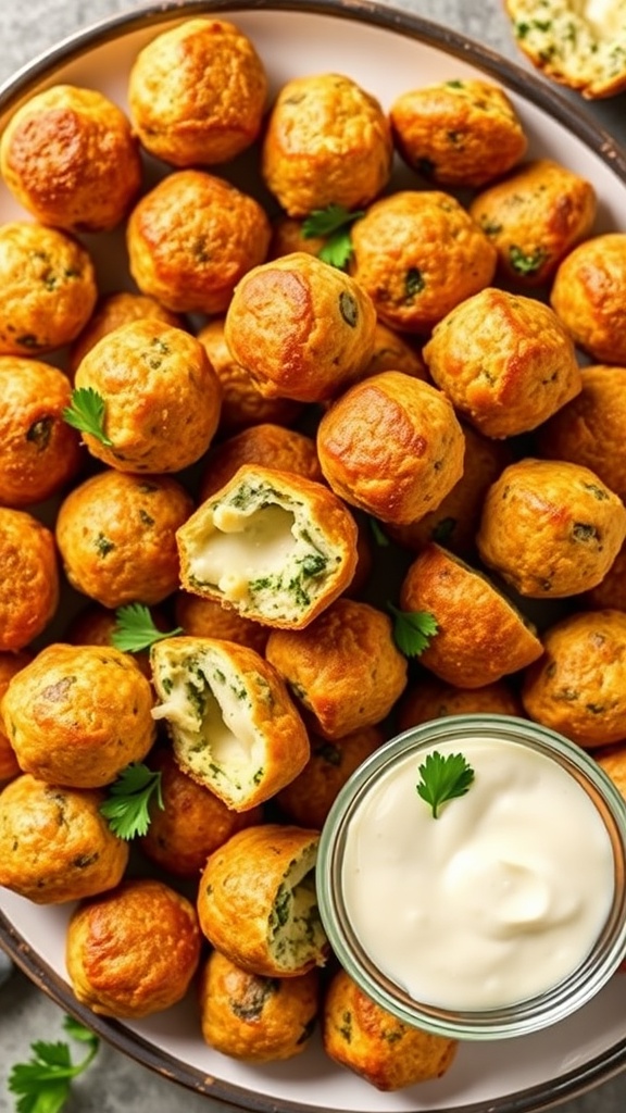 A platter of golden cheesy spinach and artichoke appetizer balls with a dipping sauce.